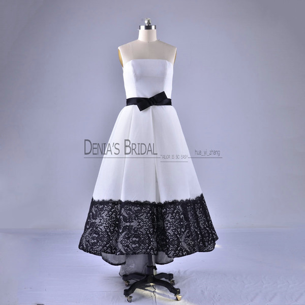 Hi Lo Ball Gown Prom Dresses with Strapless Sleeveless Tea Length Black and White Lace Bow Belt Party Cheap Elegant Evening Gowns