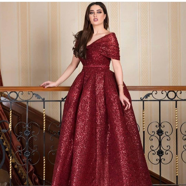 Bling Ball Gown Prom Dresses V-Neck with Puffy Ruching Off Shoulder Floor Length Custom Made Belt Arabic Dubai Evening Formal Gowns