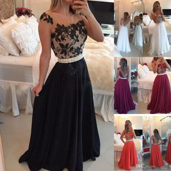 Burgundy Black White Water Melon Prom Dresses Hot Sheer Crew Neck Lace Appliques Pearls Belt Chiffon Long A-line Evening Gowns