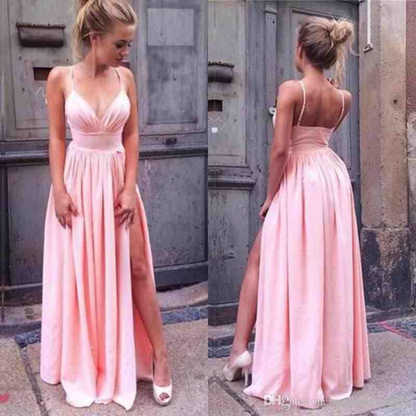 Cheap High Quality Blush Pink Prom Dress Sexy Long Formal Evening Party Gowns Spaghetti Straps Floor Length High Split Formal Dress