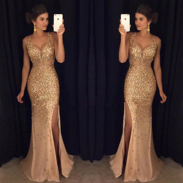 Gold Shinny Prom Dresses 2017 Sexy V Neck Cap Sleeves Beaded Sequins Crystal Right Side Slit Prom Dresses Formal Party Dresses