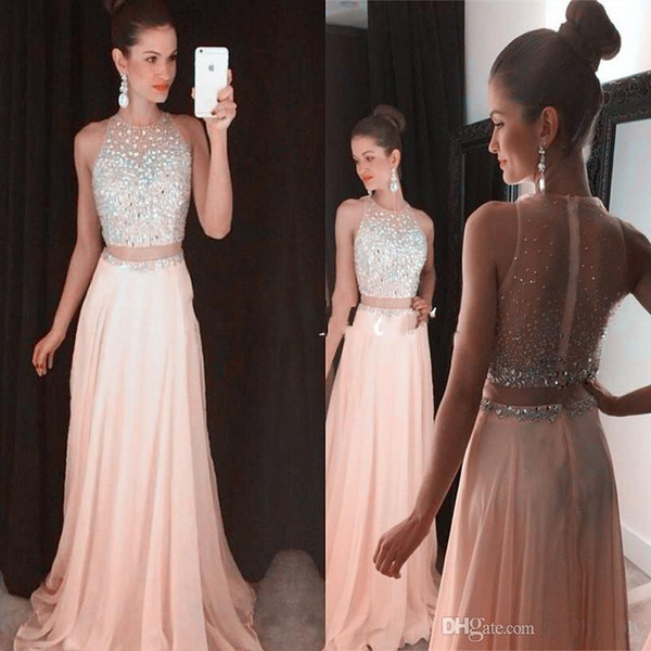 Blush Pink Two Pieces Prom Dresses 2017 New Silver Crystal Sheer Back Chiffon Sexy Long Dress For Graduation Plarty Gown