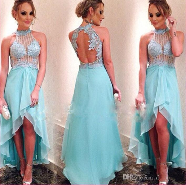 High Neck Prom Dresses Hi-Lo A-Line Light Sky Blue Party Dresses Backless High Low Dresses Evening Wear with Beaded Lace