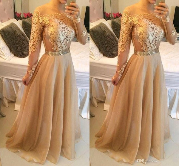 Long Sleeves Champagne Prom Dresses Lace Appliques off Shoulder Bateau Custom Made Formal Evening Celebrity Gowns Beaded Sash Chiffon Party