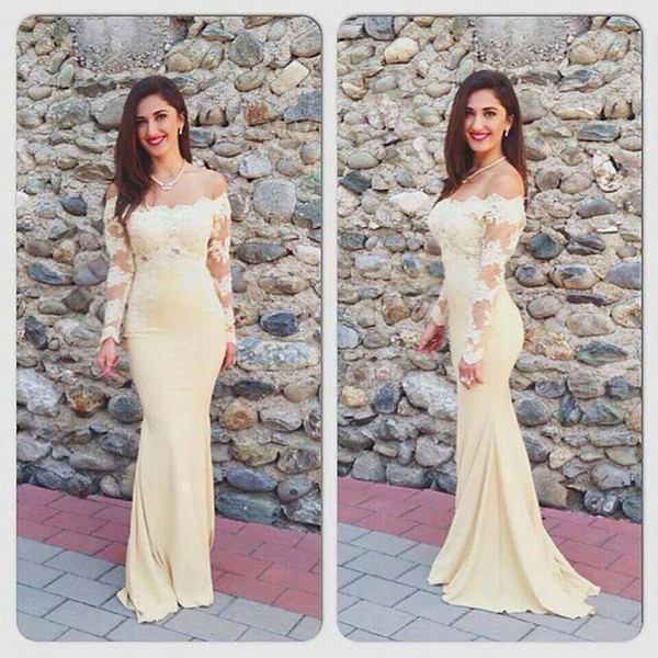 2017 Yellow Sexy Mermaid Prom Dresses With Long Sleeves Cheap Lace Evening Party Dress Off Shoulders Celebrity Gowns Satin Robe De Soiree