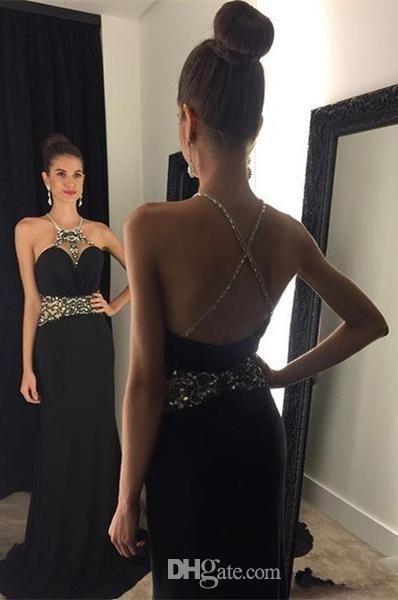 Criss Cross Back Sexy Prom Dresses with Beads Crystal A Line Halter Neck Chiffon Skirt Floor Length Evening Dresses Custom