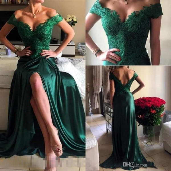 2017 Hunter Green High Split Prom Dresses Off Shoulder Appliques Lace A Line Long Modest Vestios De Fiesta Backless Evening Party Gowns