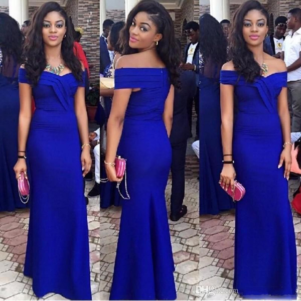 Royal Blue Satin Mermaid Evening Gowns Off Shoulder Cap Sleeves Trumpet Long Prom Dresses 2017 Formal Pageant Party Gown Cheap Vestidos