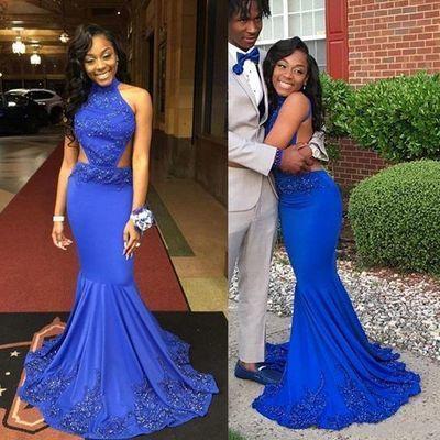 Royal Blue Mermaid Prom Dresses New Style High Neck Appliques Sexy Backless Long African Black Girl Party Evening Gowns