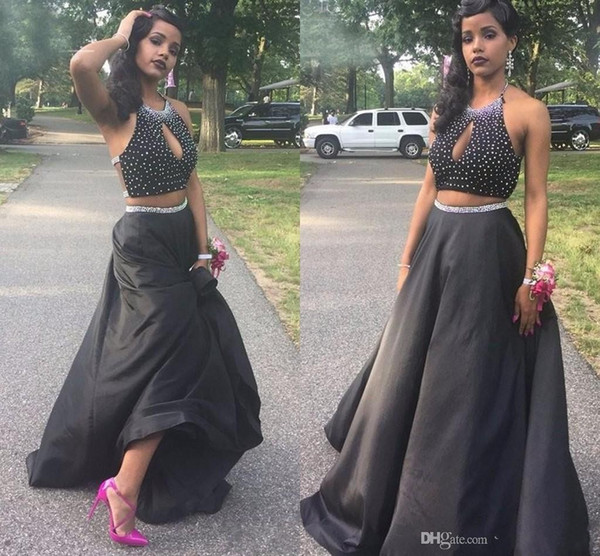 Sexy Black Halter Two Piece Prom Dresses New Fashion Beaded Formal A-Line Evening Party Gowns