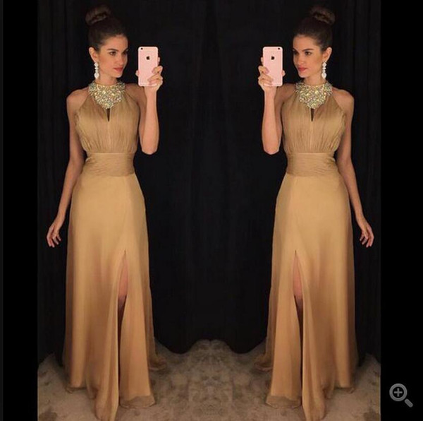 Sexy Gold Prom Dresses Chiffon Halter Neck With Side Slit Beading Evening Party Gowns robe de soiree