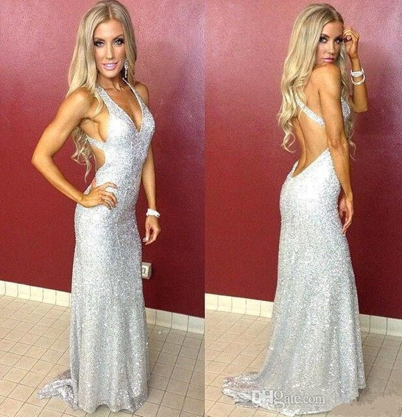 Sexy Silver Sequins Prom Dresses Spaghetti Straps Criss Cross Back Mermaid Evening Gowns Long Pageant Party Wear BA6705