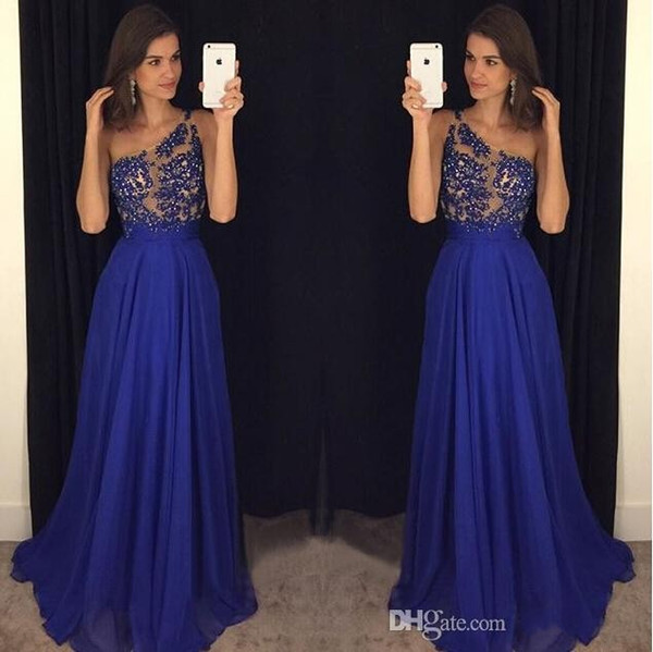 Sexy One Shoulder Royal Blue Prom Dresses New Fashion A-Line Sheer Neck Formal Evening party Gowns