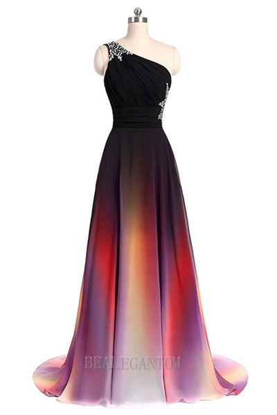 2018 New Sexy One Shoulder Ombre Long Evening Prom Dresses Chiffon A Line Plus Size Floor-Length Formal Party Gown BM05