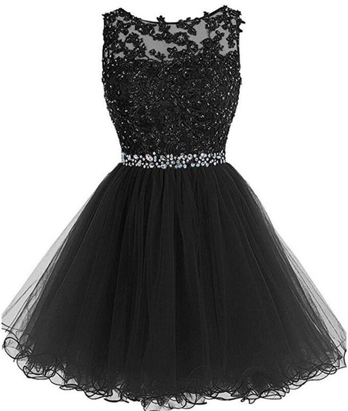 New Short Prom Dresses Lace Appliques with Crystal Beads Puffy Tulle Cocktail Party Dresses Black Graduation Homecoming Gowns QC1301