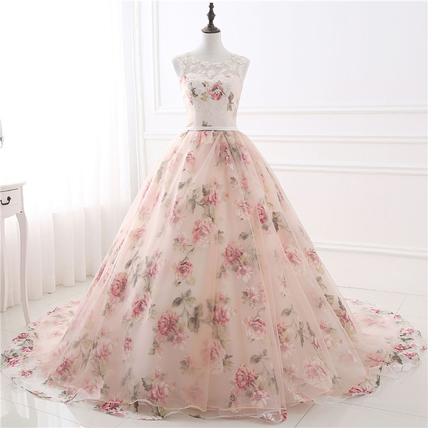 New Sexy Real Scoop Prom Dresses Flower Print Satin Ball Gown Formal Evening Party Wear Beaded Gown robes de soirée QC1308