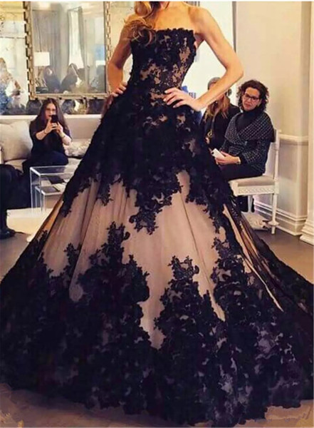 New Sexy Long Lace Appliques Ball Gown Evening Dress Strapless Formal Prom Party Gown Fiesta QC1305