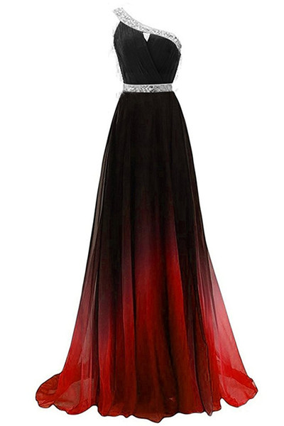 New Sexy One-Shoulder Long Gradient Evening Prom Dresses Chiffon A Line Beaded Plus Size Floor-Length Ombre Formal Party Gown QC1246