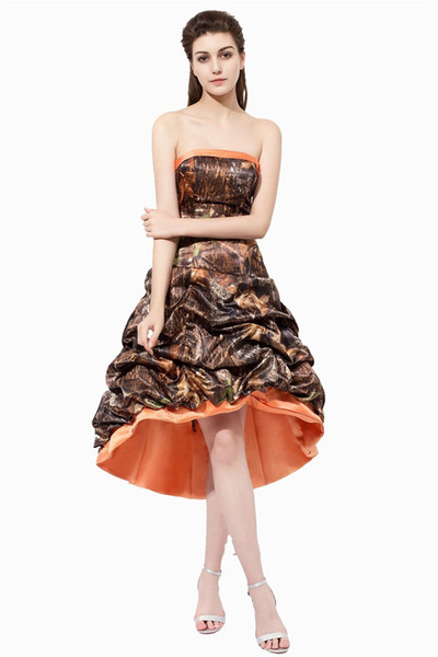 In Stock Sexy Camo Strapless A-Line Prom Dresses With Pleats Satin Hi-Lo Evening Formal Party Gown BP16