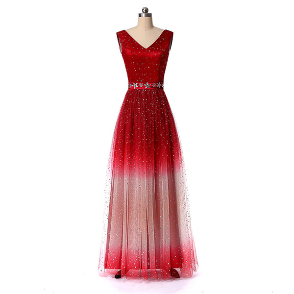 New Sexy Long Gradient Evening Prom Dresses Chiffon A Line Beaded Plus Size Floor-Length Ombre Formal Party Gown QC1244