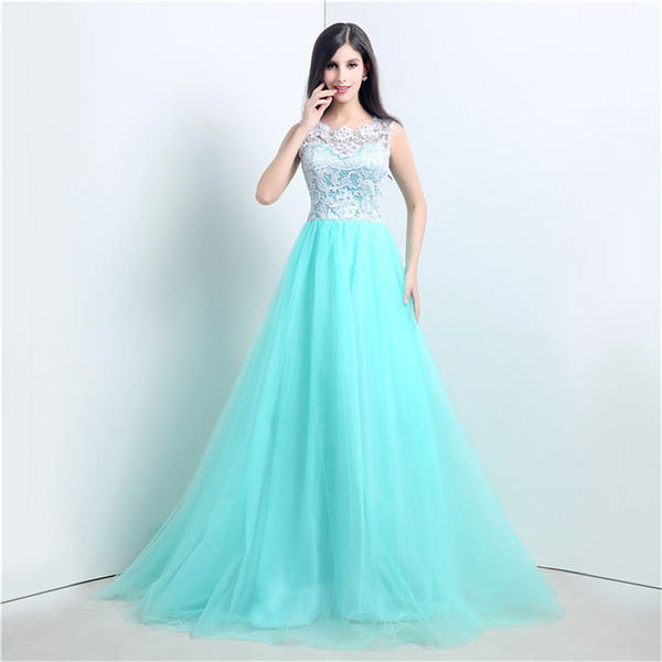 New Stock Long Tulle Mint Prom Dresses 2017 With Scoop Appliques Party Formal Evening Gowns QC241