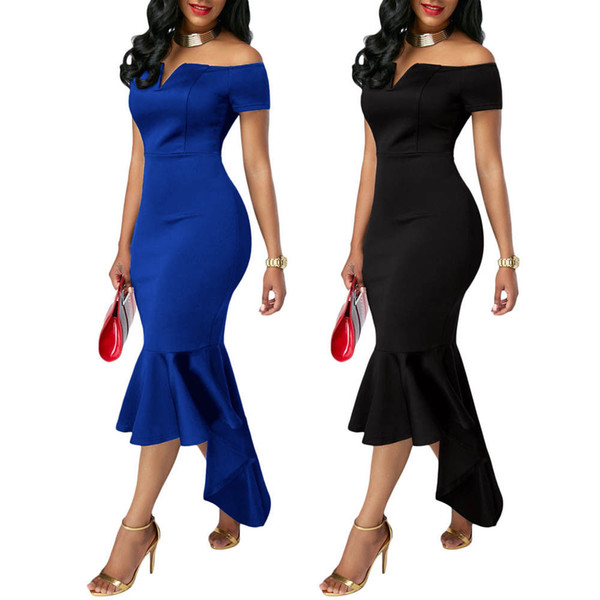 New Long Side Split Formal Evening Cocktail Party Sexy Off Shoulder V Neck Dip Hemline Mermaid Prom Dress