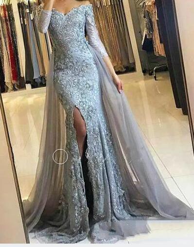 Elegant Detachable Train Beaded Long Evening Dresses Off The Shoulder 3/4 Sleeve Formal Prom Gown