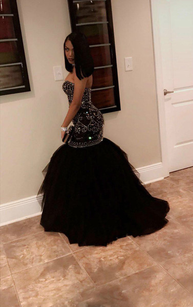 Sweetheart Lace Beaded Evening Dress Mermaid Formal Tulle Prom Gown Black Plus Size Prom Gown Wear