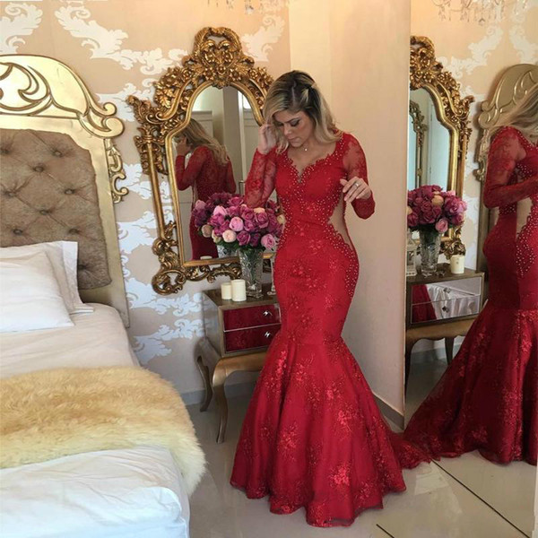 Mermaid Lace V Neck Evening Dress Long Sleeves Beaded Sweep Train Formal Prom Dress robe de soiree