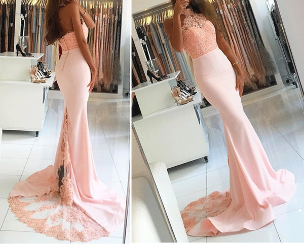 New Pink Lace Mermaid Prom Dresses off Shoulder Halter Beaded Appliques Floor Length Lace Long Evening Gowns Party Gown Vestido