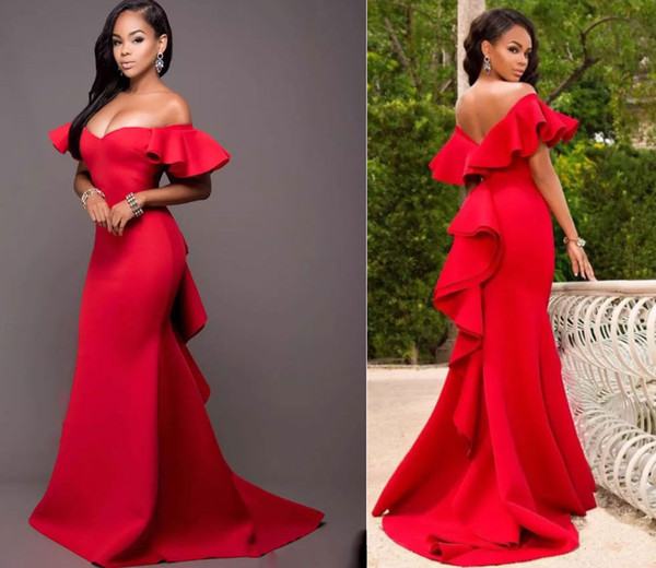 Gorgeous Red Off Shoulder Prom Dresses New Satin Backless Mermaid Evening Gowns Saudi Arabia Ruched Sweep Train Formal Party Dress