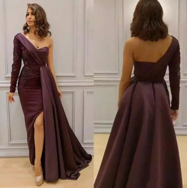 Mermaid Burgundy Prom Dresses Sexy One Shoulder Long Sleeves Lace Appliqued Side Split Formal Evening Gowns