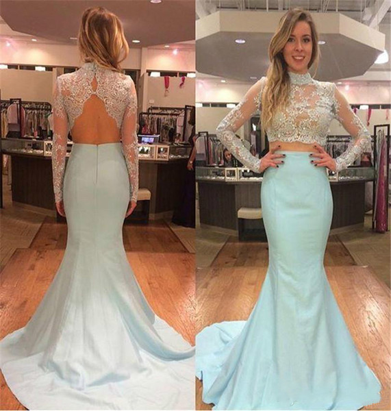 Lace Appliques High Neck Evening Dress Mermaid Long Sleeves Beaded Sweep Train Formal Prom Dress vestidos de noiva