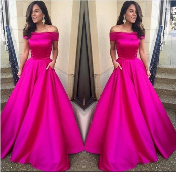 New Bateau Off Shoulder Evening Gowns A line Satin Cap Sleeves Floor Length Prom party dress