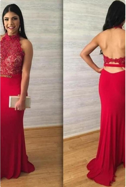 2017 New red Lace Mermaid lace Prom Dresses halter backless Appliques Floor Length Lace Long Party Gowns Evening Gown homecoming dress