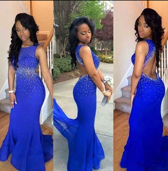 Royal Blue Backless Mermaid Prom Dresses 2017 Sexy Sheer Neck Crystal Beaded Chiffon Black Girls Party Dresses Long Prom Dresses