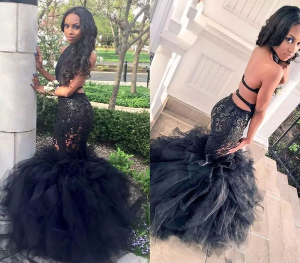 2017 Sexy Black Long Mermaid Prom Dresses Halter Backless Tiered Puffy Train Floor Length Lace Party Gowns Formal Dresses Custom Made