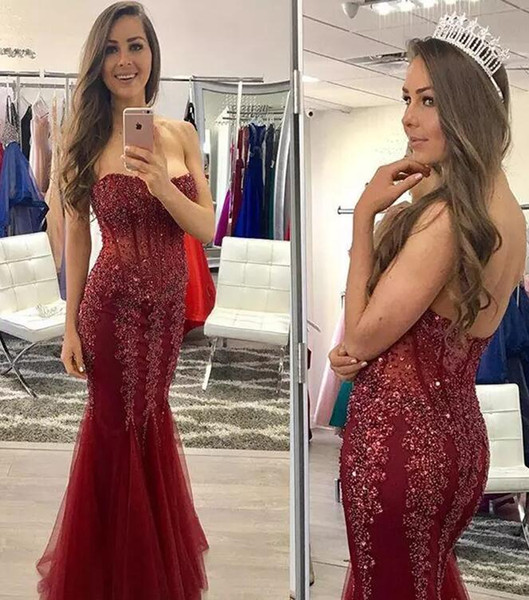 New Arrival Mermaid Beading Long Prom Dress Sweetheart Celebrity Dresses Burgundy Mermaid See Through Illusion Bodice Evening Dress