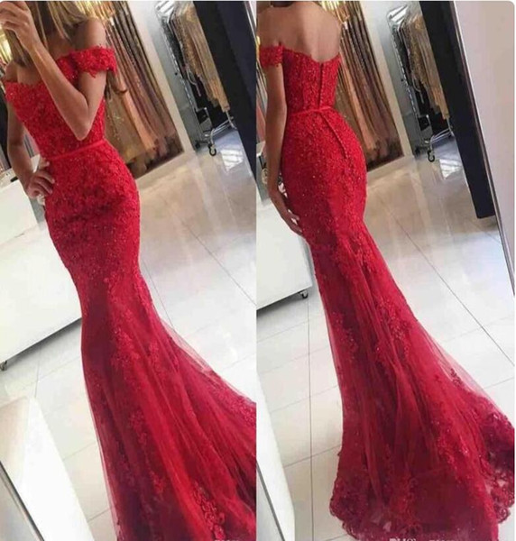 2017 New Red Lace Mermaid Prom Dresses off Shoulder Beaded Appliques Tulle Floor Length Lace Long Evening Gowns