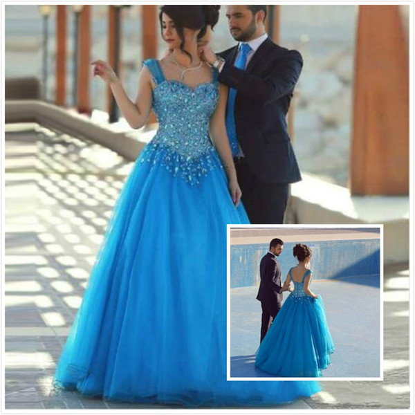 Luxury Spaghetti Sweetheart Beaded Long Evening Dresses Tulle Backless Floor-Length Formal Prom Gown vestido de novia