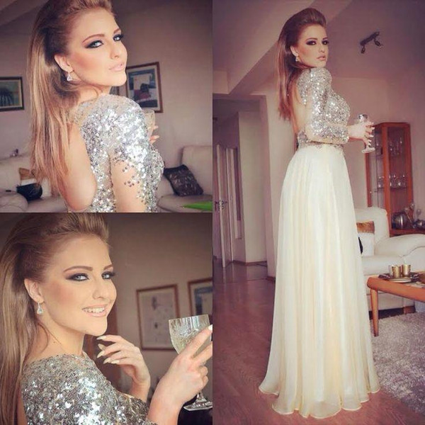 2017 Prom Dresses Formal Party Evening Gowns Silver Sequins Long Sleeves Backless Chiffon Dresses Evening Wear 75