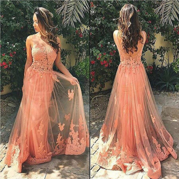 Elegant A Line Prom Dresses 2017 Tulle Long Lace Appliqued Evening Gowns Dresses Party Evening Backless Party Dresses 8