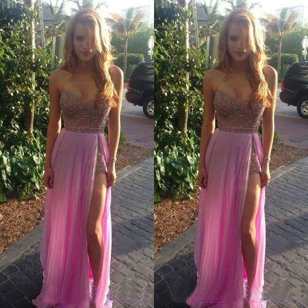 2017 Prom Dresses Hot Pink Beading Formal Dresses Evening Split A Line Evening Gowns Sweetheart Zipper Back Chiffon Dresses Evening Wear 8