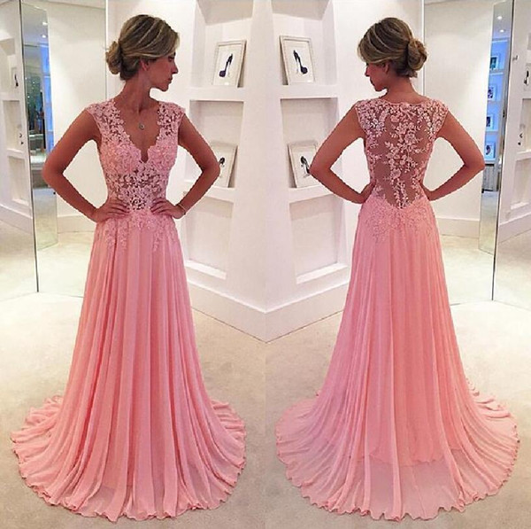 2017 Pink Prom Dresses Formal Evening Dresses Lace A LIne with V Neck Cheap Bridesmaid Dress Elegant Chiffon Evening Gowns 751