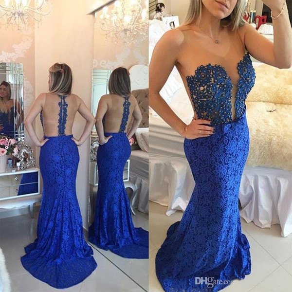 Elegant Blue Lace 2016 Mermaid Prom Dresses 2017 Sleeveless Evening Gowns With Beaded Scoop Neck Sweep Train Zip Back Party Gowns 8