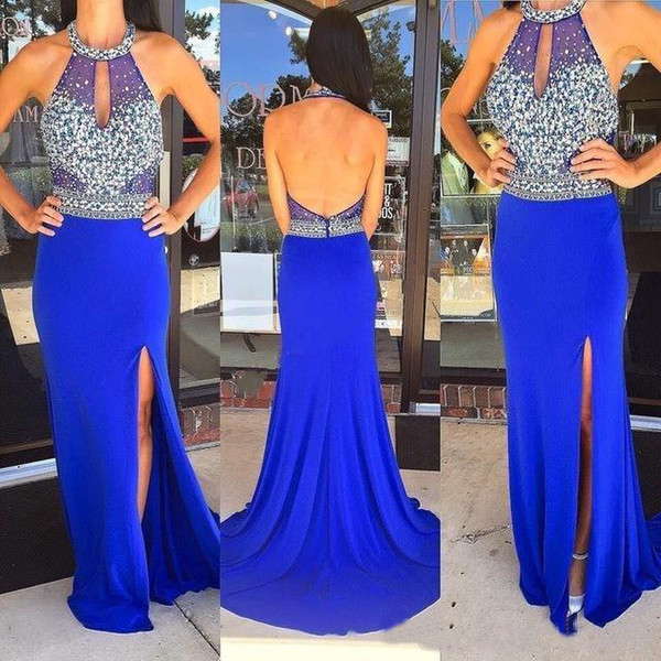 Halter Neck Prom Dresses 2017 Sexy Royal Blue Crystal Evening Gowns Split Beading Vestidos Festa Chiffon Dresses Evening Wear 8