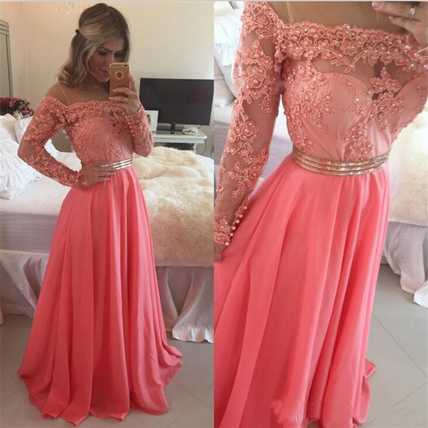 Pink Chiffon Sheer Crew Neck 2016 Prom Dresses Long Formal Evening Gowns 2017 Formal Party Dress With Long Sleeves Appliques Pearls Sashes 8