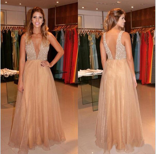 Deep V Neck Bling Dresses Evening Wear Crystal Beading 2017 Evening Gowns Formal Dresses Evening Backless Prom Dresses Long Vestidos Festa 8