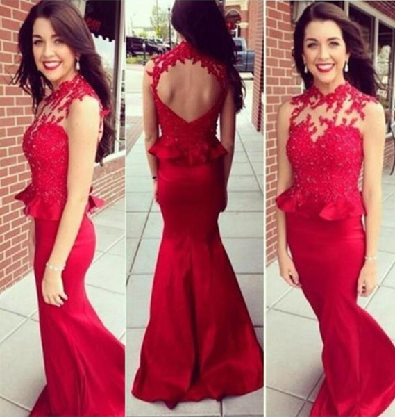 2017 Dresses Evening Wear Charming Red Sexy Lace Formal Evening Gowns with Sheath Crew Neck Backless Long Evening Dresses Prom Dresses 753