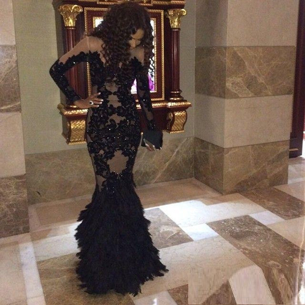 Luxury Black Prom Dresses With Long Sleeves Sheer Champange Arabic Evening Gowns Real Tulle Mermaid Formal Dresses Gowns Plus Size